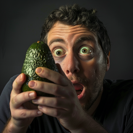 Lukas Hamberger Personal Trainer Mann starrt ungläubig auf Avocado